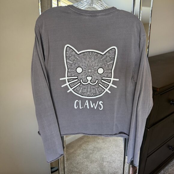 Cat Graphic Long Sleeve Shirt Mauve Purple Cropped Claws Design Medium Cotton M - Picture 2 of 3